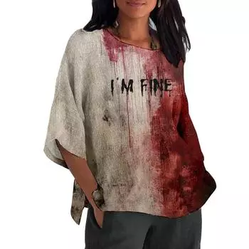 Женская мода рукав семь четвертей круглый вырез Хэллоуин принт свободная повседневная рубашка топ L красный