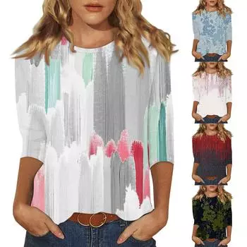 Женская мода рукав три четверти круглый вырез темный промышленный принт свободная повседневная рубашка топ XXXXXL винный