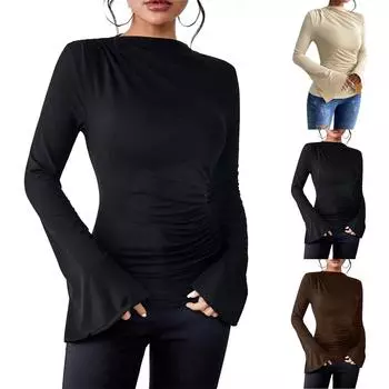 Женская мода рукав труба воротник стойка Slim Fit длинный рукав Топ L бежевый