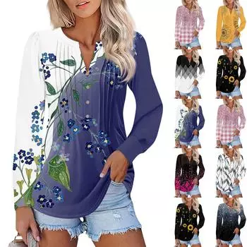 Женская мода рукава-фонарики плиссированные V-образный вырез цветочный принт футболка туника топ XXXL фиолетовый