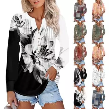 Женская мода рукава-фонарики плиссированные V-образный вырез геометрический цветочный принт футболка туника топ S