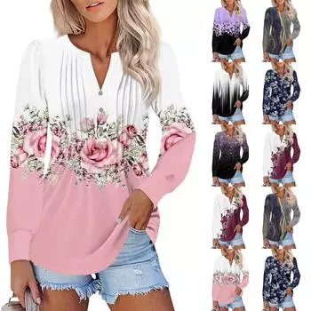 Женская мода рукава-фонарики плиссированные V-образный вырез цветочный принт футболка туника топ L чёрный