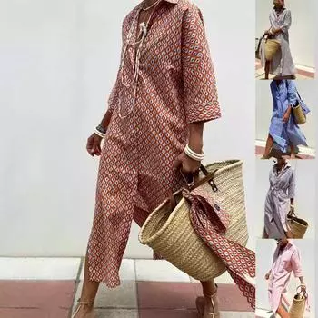 Женская мода рукава пять точек полосатый разрез сбоку рубашки платья L синий