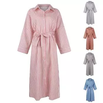 Женская мода рукава пять точек полосатый разрез сбоку рубашки платья L синий