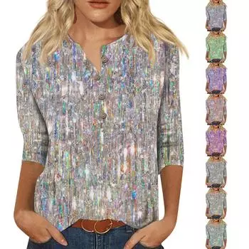 Женская мода с блестками и принтом с семью точками, рукавами и круглым вырезом, на пуговицах, топ L фиолетовый