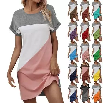 Женская мода с цветными блоками и круглым вырезом, свободное повседневное платье с короткими рукавами