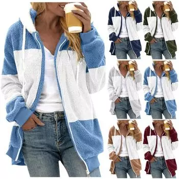 Женская мода с цветными блоками, свободное пальто с длинными рукавами, плюшевая куртка на молнии с капюшоном XXL