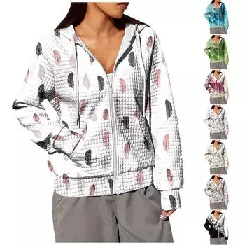 Женская мода с цветочным принтом и длинными рукавами, свободная толстовка с капюшоном и карманом на молнии, куртка L