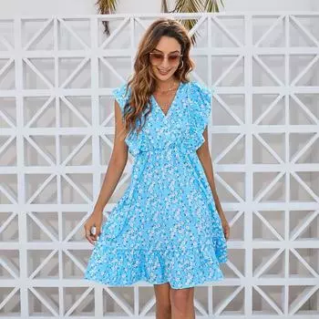 Женская мода с цветочным принтом и рюшами, с коротким рукавом и V-образным вырезом, платье с высокой талией, юбка S жёлтый