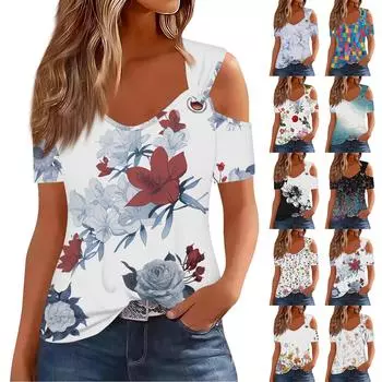 Женская мода с цветочным принтом и утечкой на плечах, повседневная футболка с короткими рукавами, топ