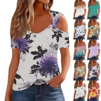 Женская мода с цветочным принтом и утечкой на плечах, повседневная футболка с короткими рукавами, топ