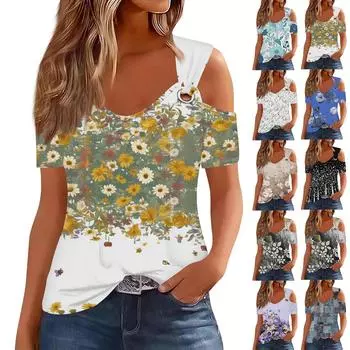 Женская мода с цветочным принтом и утечкой на плечах, повседневная футболка с короткими рукавами, топ