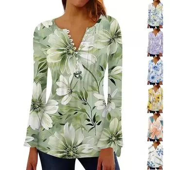 Женская мода с цветочным принтом и v-образным вырезом, длинным рукавом, плиссированной футболкой на пуговицах, топ L