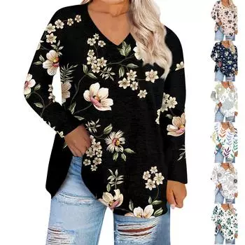 Женская мода с цветочным принтом и v-образным вырезом плюс размер повседневная футболка с длинным рукавом Топ XXXXL