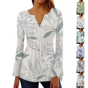 Женская мода с цветочным принтом и v-образным вырезом, длинным рукавом, плиссированной футболкой на пуговицах, топ XL