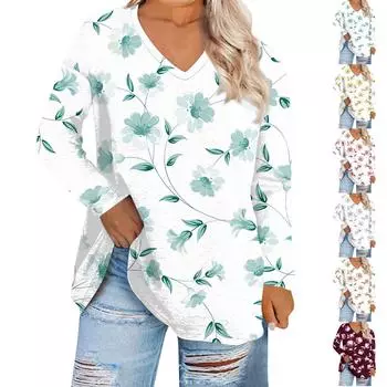 Женская мода с цветочным принтом и v-образным вырезом плюс размер повседневная футболка с длинным рукавом Топ XXXXL винный