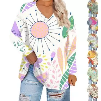 Женская мода с цветочным принтом и v-образным вырезом плюс размер повседневная футболка с длинным рукавом Топ XXXL