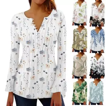 Женская мода с цветочным принтом и v-образным вырезом, длинным рукавом, плиссированной футболкой на пуговицах, топ XL