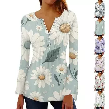 Женская мода с цветочным принтом и v-образным вырезом, длинным рукавом, плиссированной футболкой на пуговицах, топ XXL фиолетовый