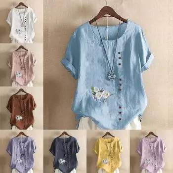 Женская мода с цветочным принтом, круглым вырезом и коротким рукавом, повседневная хлопково-льняная рубашка с рисунком, свободная летняя блузка для отдыха, топы S розовый