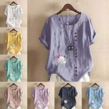 Женская мода с цветочным принтом, круглым вырезом и коротким рукавом, повседневная хлопково-льняная рубашка с рисунком, свободная летняя блузка для отдыха, топы S розовый