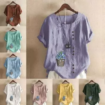 Женская мода с цветочным принтом, круглым вырезом и коротким рукавом, повседневная хлопково-льняная рубашка с рисунком, свободная летняя блузка для отдыха, топы S розовый