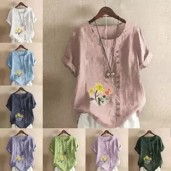 Женская мода с цветочным принтом, круглым вырезом и коротким рукавом, повседневная хлопково-льняная рубашка с рисунком, свободная летняя блузка для отдыха, топы S розовый