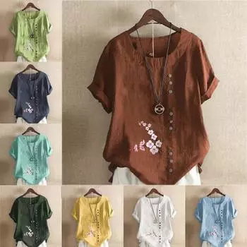 Женская мода с цветочным принтом, круглым вырезом и коротким рукавом, повседневная хлопково-льняная рубашка с рисунком, свободная летняя блузка для отдыха, топы S розовый