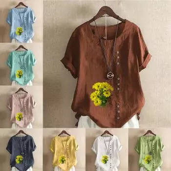 Женская мода с цветочным принтом, круглым вырезом и коротким рукавом, повседневная хлопково-льняная рубашка с рисунком, свободная летняя блузка для отдыха, топы S розовый