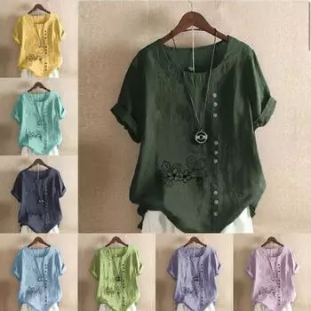 Женская мода с цветочным принтом, круглым вырезом и коротким рукавом, повседневная хлопково-льняная рубашка с рисунком, свободная летняя блузка для отдыха, топы S розовый