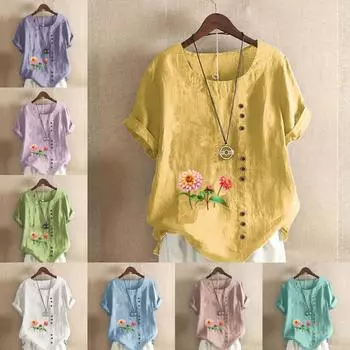 Женская мода с цветочным принтом, круглым вырезом и коротким рукавом, повседневная хлопково-льняная рубашка с рисунком, свободная летняя блузка для отдыха, топы S розовый