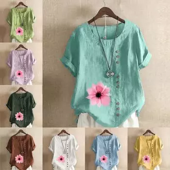 Женская мода с цветочным принтом, круглым вырезом и коротким рукавом, повседневная хлопково-льняная рубашка с рисунком, свободная летняя блузка для отдыха, топы S розовый