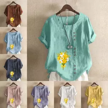 Женская мода с цветочным принтом, круглым вырезом и коротким рукавом, повседневная хлопково-льняная рубашка с рисунком, свободная летняя блузка для отдыха, топы S розовый