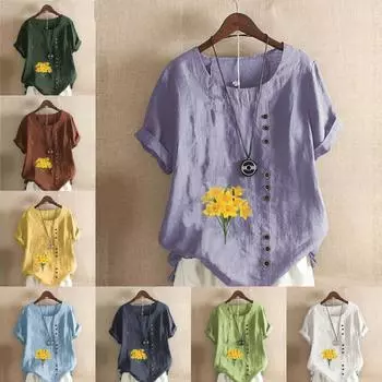 Женская мода с цветочным принтом, круглым вырезом и коротким рукавом, повседневная хлопково-льняная рубашка с рисунком, свободная летняя блузка для отдыха, топы S розовый