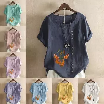 Женская мода с цветочным принтом, круглым вырезом, коротким рукавом, футболка, повседневная, хлопковая, льняная, с рисунком, свободная, летняя блузка, топы S розовый