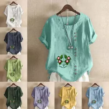 Женская мода с цветочным принтом, круглым вырезом и коротким рукавом, повседневная хлопково-льняная рубашка с рисунком, свободная летняя блузка для отдыха, топы S розовый