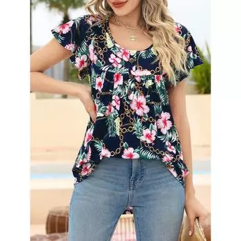 Женская мода с цветочным принтом, летний топ, повседневная приталенная футболка с коротким рукавом, женская футболка с v-образным вырезом S
