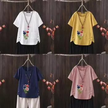 Женская мода с цветочным принтом, летняя повседневная свободная футболка с коротким рукавом, летняя блузка, топы S белый