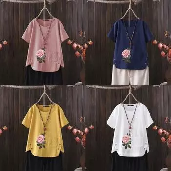 Женская мода с цветочным принтом, летняя повседневная свободная футболка с коротким рукавом, летняя блузка, топы S белый