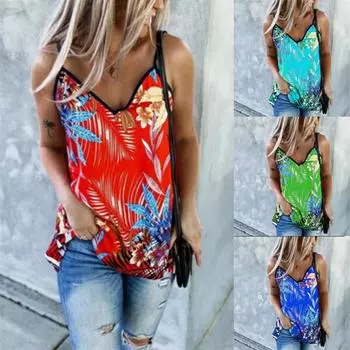 Женская мода с цветочным принтом, майки, летние пляжные топы с V-образным вырезом, сексуальные футболки без рукавов больших размеров S чёрный