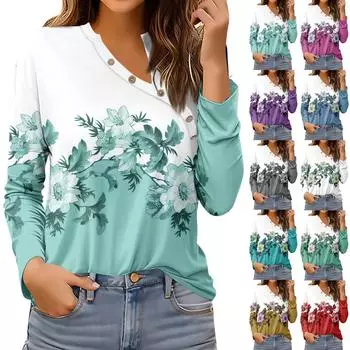 Женская мода с цветочным принтом, нерегулярная пуговица, пуловер с длинными рукавами, футболка, топ L синий