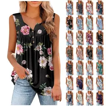 Женская мода с цветочным принтом плиссированная повседневная футболка без рукавов жилет на пуговицах XXL