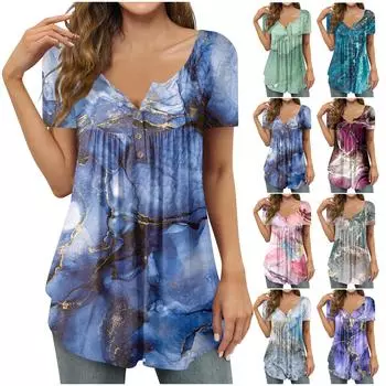 Женская мода с цветочным принтом плиссированная повседневная футболка с коротким рукавом и пуговицами Топ