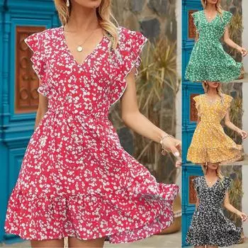 Женская мода с цветочным принтом повседневные свободные платья до щиколотки с коротким рукавом и v-образным вырезом M чёрный