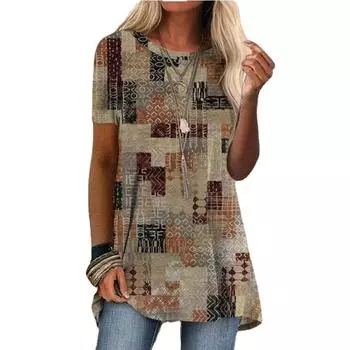 Женская мода с цветочным принтом с коротким рукавом повседневная туника свободная плюс размер топы с круглым вырезом блузка M темно-зеленого