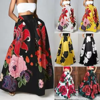 Женская мода с цветочным принтом, свободная полуюбка с высокой талией, пляжное удлиненное платье XL горячий розовый