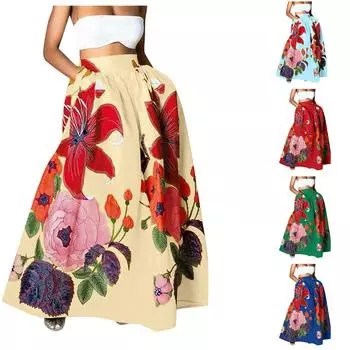 Женская мода с цветочным принтом, свободная полуюбка с высокой талией, пляжное удлиненное платье L зелёный