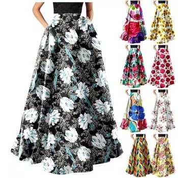 Женская мода с цветочным принтом, свободная полуюбка с высокой талией, пляжное удлиненное платье L чёрный