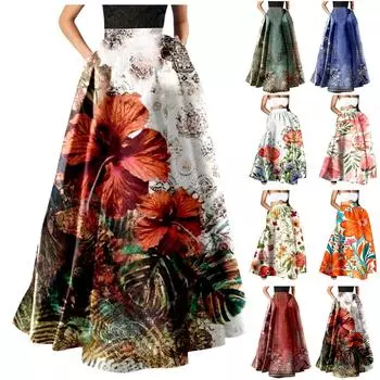 Женская мода с цветочным принтом, свободная полуюбка с высокой талией, пляжное удлиненное платье S красный