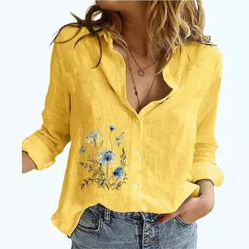 Женская мода с цветочным принтом, застегивающаяся на пуговицы рубашка, женская повседневная льняная рубашка с длинным рукавом, осенне-летняя, тонкая блузка со стоячим воротником S белый